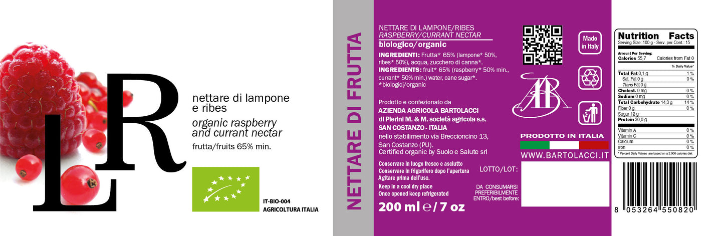 Nettare Lampone e Ribes Biologici Italiani (15 bottiglie da 200ml)