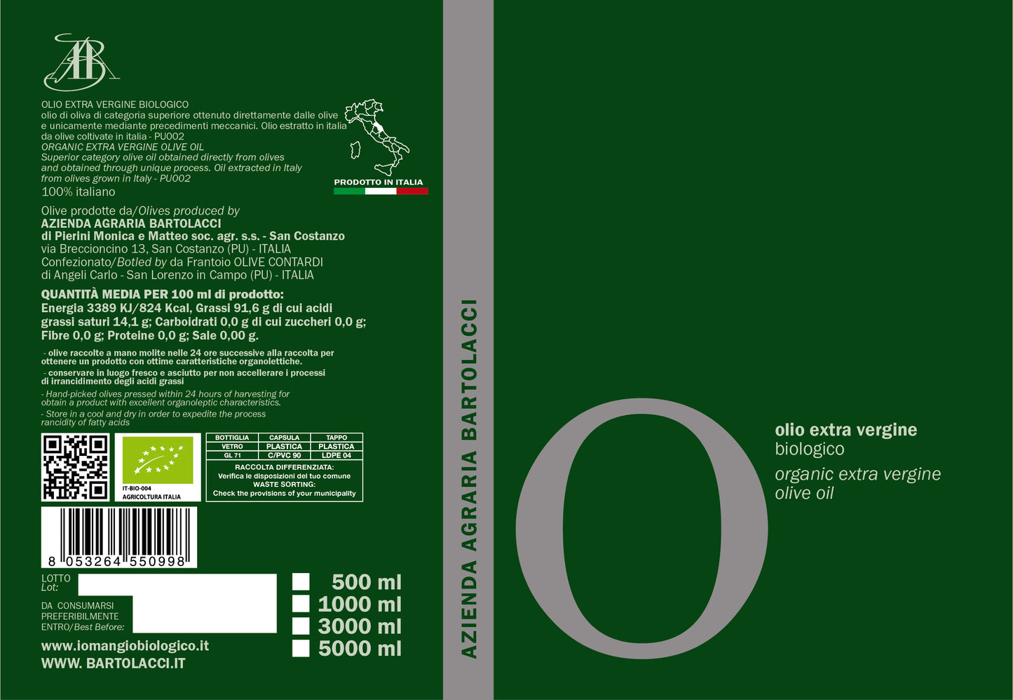 Olio di Oliva Extravergine Biologico Italiano (1 latta da 1L)